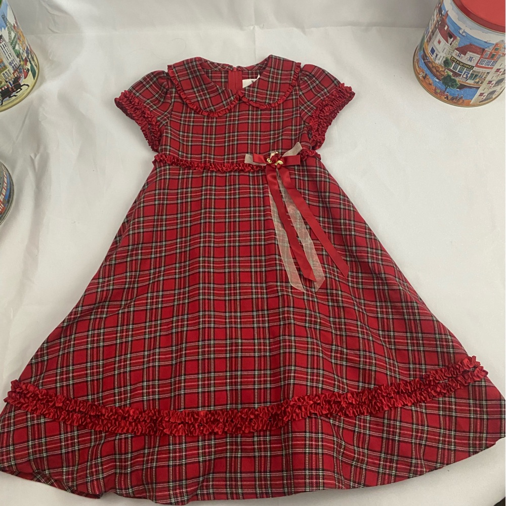 Rare Editions Red Plaid Puff Sleeve Peter Pan Collar Floral Appliqué Dress